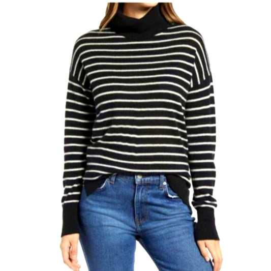 HALOGEN NEW Cashmere Turtleneck Sweater in Black - Ivory Stripe Medium